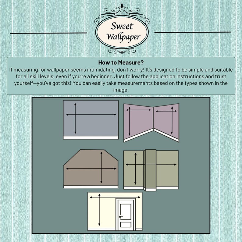 May include: Diagram showing how to measure for wallpaper. The diagram shows four different wall configurations with measurements marked for each.  "How to Measure?" is written at the top of the diagram.