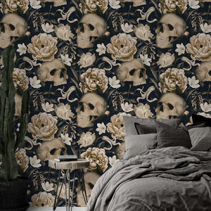 Dark Flower with Skull Wallpaper, Gothic Mural, Peony Flower Wallpaper, Peel and Stick Wallpaper, textile wallpaper.