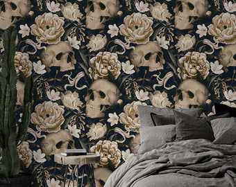 Dark Flower with Skull Wallpaper, Gothic Mural, Peony Flower Wallpaper, Peel and Stick Wallpaper, textile wallpaper.