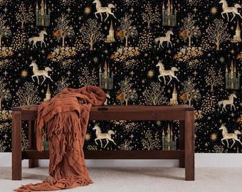 Gold Unicorn Botanical Peel and Stick Wallpaper - Dark Canvas Removable Wallpaper