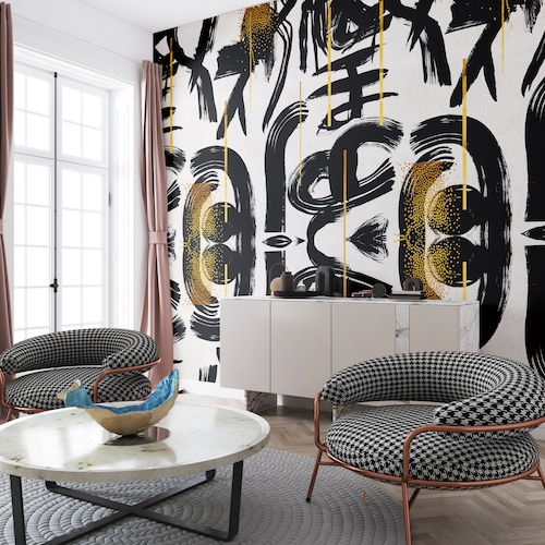 Bali Leaves Black and Gold PEEL & STICK Wallpaper - Etsy