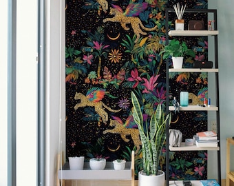 Mystical Jungle Wallpaper: Winged Leopards, Tropical Botanicals (Peel and Stick)