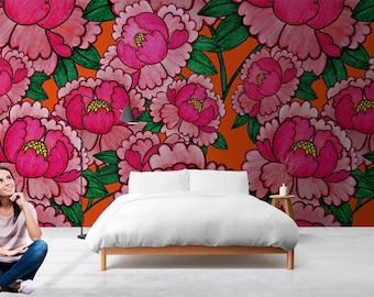 Pink Floral Peel and Stick Wallpaper: Vintage Green Leaf Vinyl