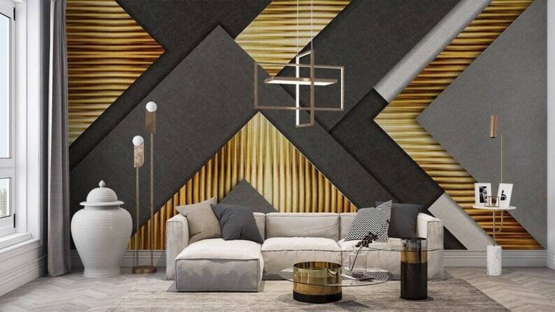 3D Illustration Gold and Gray Triangles Wallpaper Decoration/ Etsy