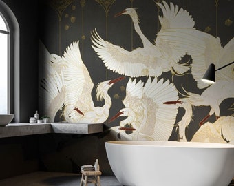 Vintage Crane Birds Peel and Stick Wallpaper - Heron Wall Art