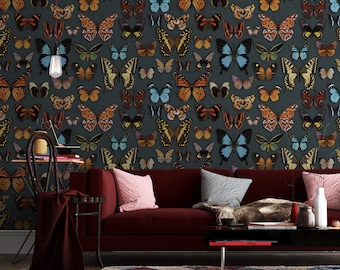 Butterfly Pattern Wallpaper, Moths, Butterflies, Removable, Vintage, Anthracite Wallpaper, Peel and Stick Wallpaper, Textile Vinyl Wallpaper