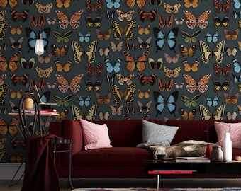 Butterfly Wallpaper: Vintage Moth Pattern, Anthracite Peel and Stick