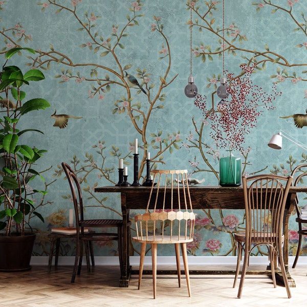 Vintage Chinoiserie Wallpaper with Birds floral ancient Wallpaper, non-woven wallpaper, peel and stick wallpaper