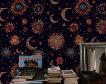 Celestial Sun & Moon Peel and Stick Wallpaper: Dark Sky Baroque