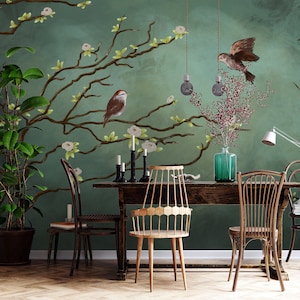 Carta da parati vintage con uccelli e fiori scuri, decorazione murale con natura, arte floreale da parete, decalcomania da muro, adesivo da parete verde scuro