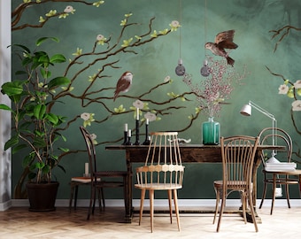 Vintage Dark Birds and Flowers Wallpaper, Nature Wall Mural, Floral Wall Art,Wall Decal, Dark Green Wall Sticke