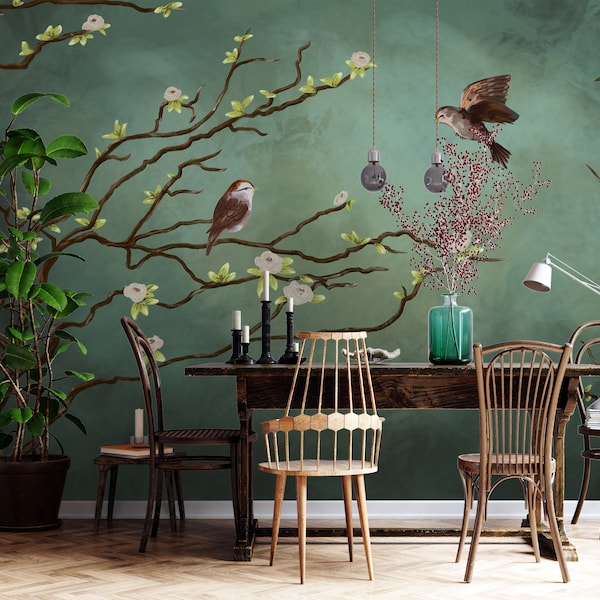 Papel pintado vintage de pájaros y flores: Mural de naturaleza verde oscuro