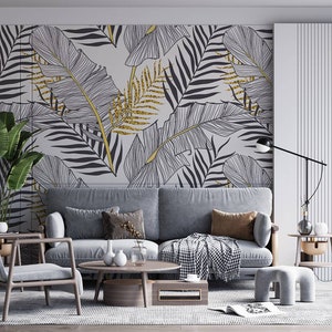 Black White Gold Look Exotic Tropical/peel and stick wallpaper vinyl wallpaper wallpaper room