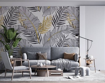 Black White Gold Look Exotic Tropical/peel and stick wallpaper vinyl wallpaper wallpaper room