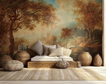 May include: A low platform bed with a white mattress and several pillows. The bed is decorated with a woven rug and two large brown pottery urns. The wall behind the bed features a vintage landscape painting with a large tree in the foreground.