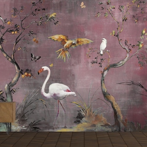 Chinoiserie, Flowers and Birds Wallpaper, Removable Wallpaper, Asian Wall Art, Peacock Mural with Peony Flowers, pink background