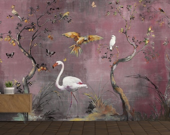 Chinoiserie, Flowers and Birds Wallpaper, Removable Wallpaper, Asian Wall Art, Peacock Mural with Peony Flowers, pink background