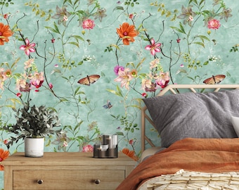 Chinoiserie vintage floral wallpaper, flowers and birds pattern,  Peel and Stick Wallpaper, Textile vinyl wallpaper