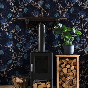 Navy Blue Watercolor Floral Wallpaper, Dark Floral Wallpaper,peel&stick