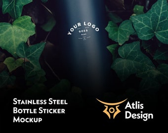 Black Stainless Steel Bottle Sticker Mockup PSD