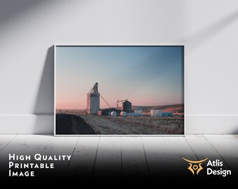 Farm Silo Sunset Photograph, Rural Landscape Art (Digital Download)