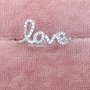 Love Diamond Ring, Letter Love Ring, Pave Moissanite Diamond Love Ring, Gold Love Ring with Diamonds, Anniversary Ring, Script Love Ring