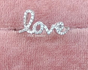 Love Diamond Ring, Letter Love Ring, Pave Moissanite Diamond Love Ring, Gold Love Ring with Diamonds, Anniversary Ring, Script Love Ring