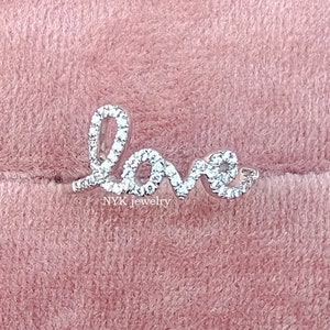 Love Diamond Ring, Letter Love Ring, Pave Moissanite Diamond Love Ring, Gold Love Ring with Diamonds, Anniversary Ring, Script Love Ring