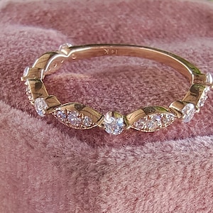 Moissanite Wedding Band Rose Gold Extra Low Profile WITH Milgrain Diamond Leaves HALFWAY Eternity Band Vintage Wedding Diamond Band