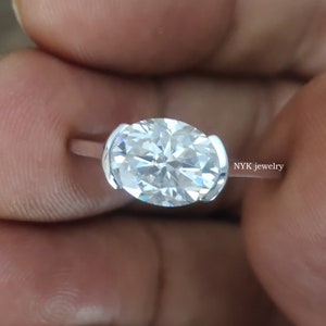 Oval Cut Moissanite  East West Engagement Ring, Half Bezel Set Wedding Ring, 14k White Gold East West Ring, Solitaire Anniversary Gift