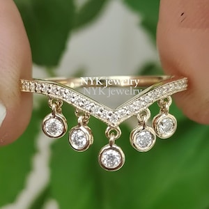 Hanging Diamond Ring, Birthday Gift Ring, Bezel Dangling Ring, Gold Five Stone Diamond Ring, Hanging Charm Stackable Ring, Gift For Daughter