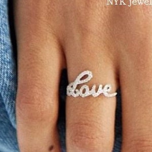 14k Gold Love Alphabet Ring, Love Letters Ring, Diamond Script Love Ring, Lovers Ring, Cursive Love Ring, Love Name Ring, Wedding gift