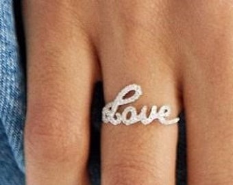 14k Gold Love Alphabet Ring, Love Letters Ring, Diamond Script Love Ring, Lovers Ring, Cursive Love Ring, Love Name Ring, Wedding gift