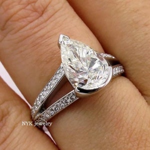 Pear Shaped Moissanite Engagement Ring, Wedding Ring, Split Shank Ring, Solid Yellow/White/Rose Gold Ring Handmade Ring, Vintage Modern Ring