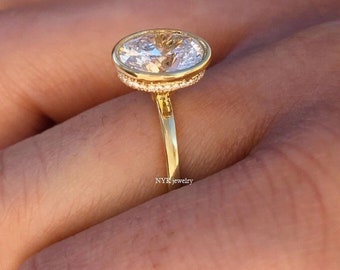 Oval Cut Moissanite Ring, Bezel Setting With Hidden Halo Unique Design Ring, 10k / 14K Yellow Gold Engagement Ring, Anniversary Gift