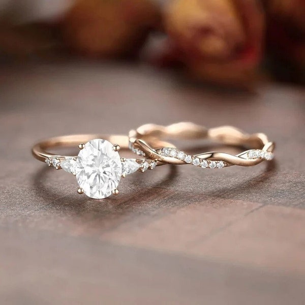 Oval Cut Moissanite Engagement Ring Set, Stacking Ring, 14K/18K Rose Gold, Twisted Band, Vintage Unique Pear Diamond Wedding Ring Set Women