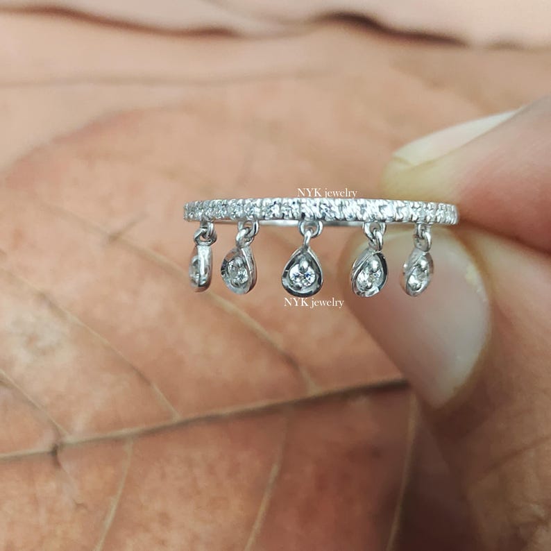 Round Cut Moissanite Hanging Ring, Diamond Dangling Ring, Tassel Ring, Half Eternity Charm Ring, Drop Fine Ring, Valentines gift for Her image 4
