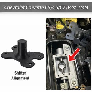 May include: Black shifter alignment tool for Chevrolet Corvette C5/C6/C7 models (1997-2019). The tool is shown next to the car's shifter assembly. Text on the image reads "Shifter Alignment".