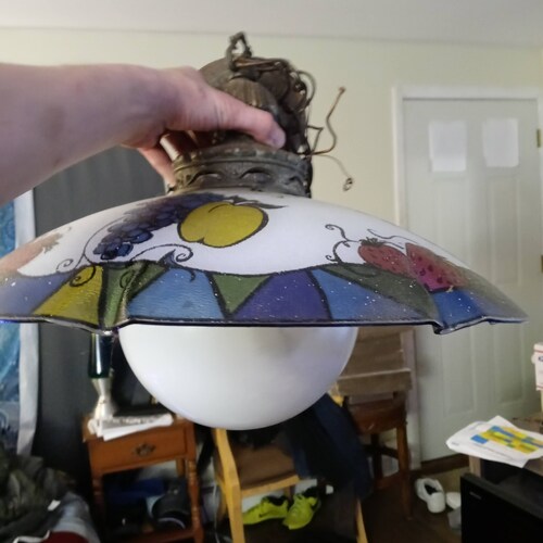 3 Vintage Brass Ceiling shops Lamps w/ Stained Glass Lamp Shades - Hanging Lamps