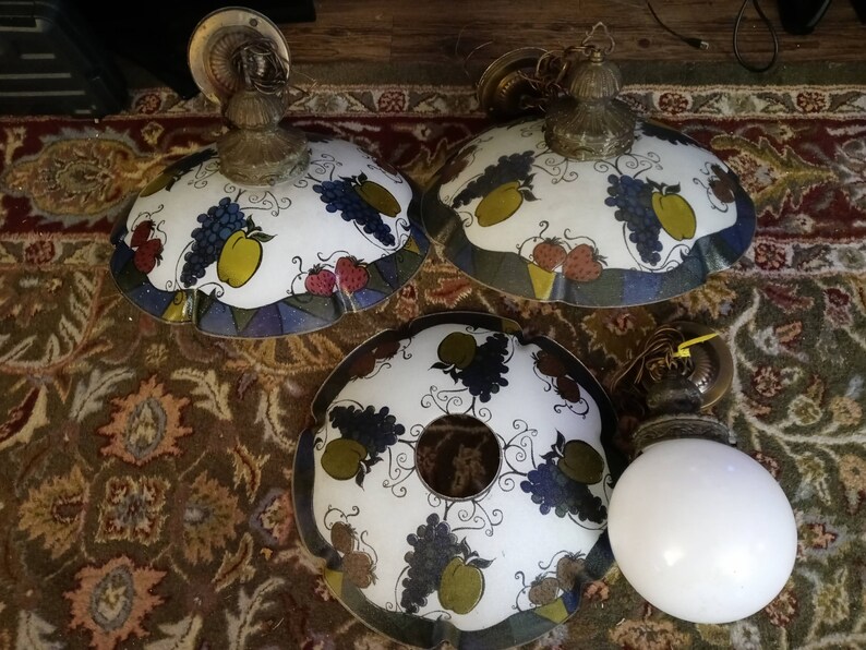 3 Vintage Brass Ceiling shops Lamps w/ Stained Glass Lamp Shades - Hanging Lamps
