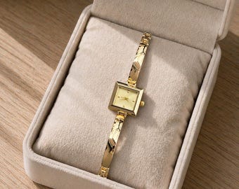 Minimalistisch vierkant gouden horloge, elegant klein polshorloge, vintage armbandsieraden