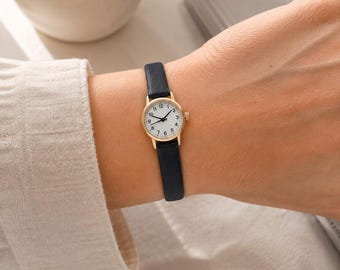 Navy Blue Leather Small Dial Watch, Elegant Gold Case, Vintage Everyday Ladies Wrist Watch
