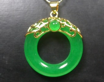 Buy Yellow Gold Plate Green Jade Donut Pendant Necklace (18 Inch