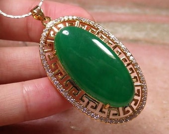 Genuine Yellow Gold Plate White Zircon Green JADE Cabochon