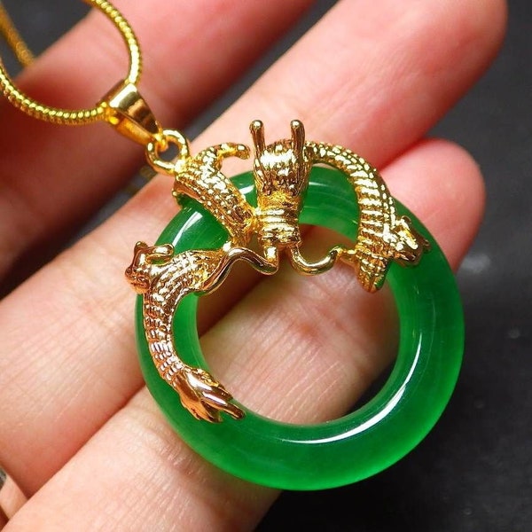 Genuine Yellow Gold Plate Green JADE Circle Donut Dragon Pendant Necklace with 18 inches Chain