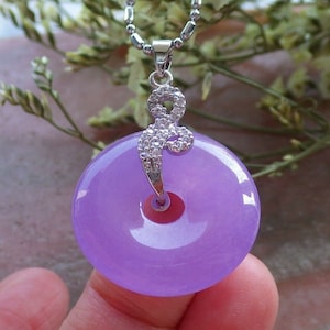Genuine White Gold Plate Zircon Lavender Jade Circle Donut Pendant Necklace With Chain