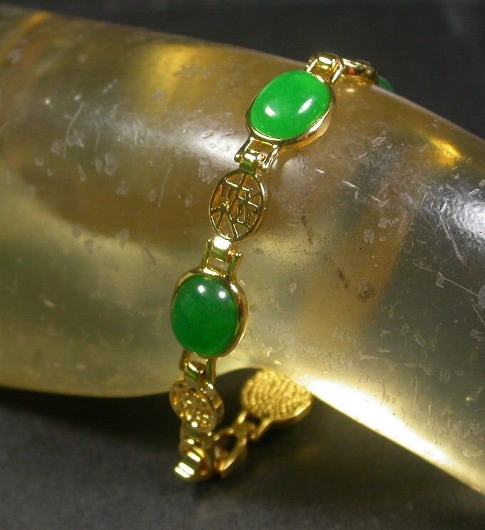 Genuine Yellow Gold Plate Green JADE Lucky Word Cabochon Bead