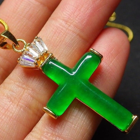 Gold Plate Green Jade Cross Pendant Necklace With Zircon - Etsy