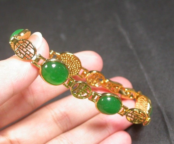 Genuine Yellow Gold Plate Green JADE Lucky Word Cabochon Bead
