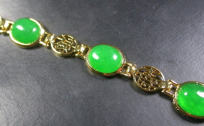Genuine Yellow Gold Plate Green JADE Lucky Word Cabochon Bead